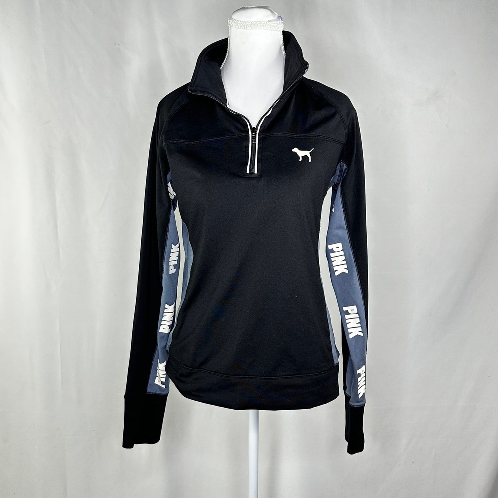 PINK Victoria's Secret Women M Quarter Zip Pullover Black Sporty Athleisure